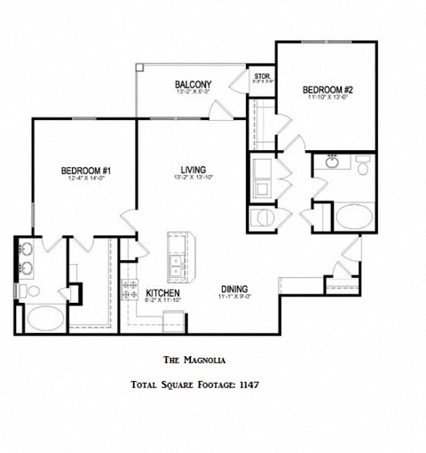 Floor plan for 2 beds, 2 baths, 1147 sqft